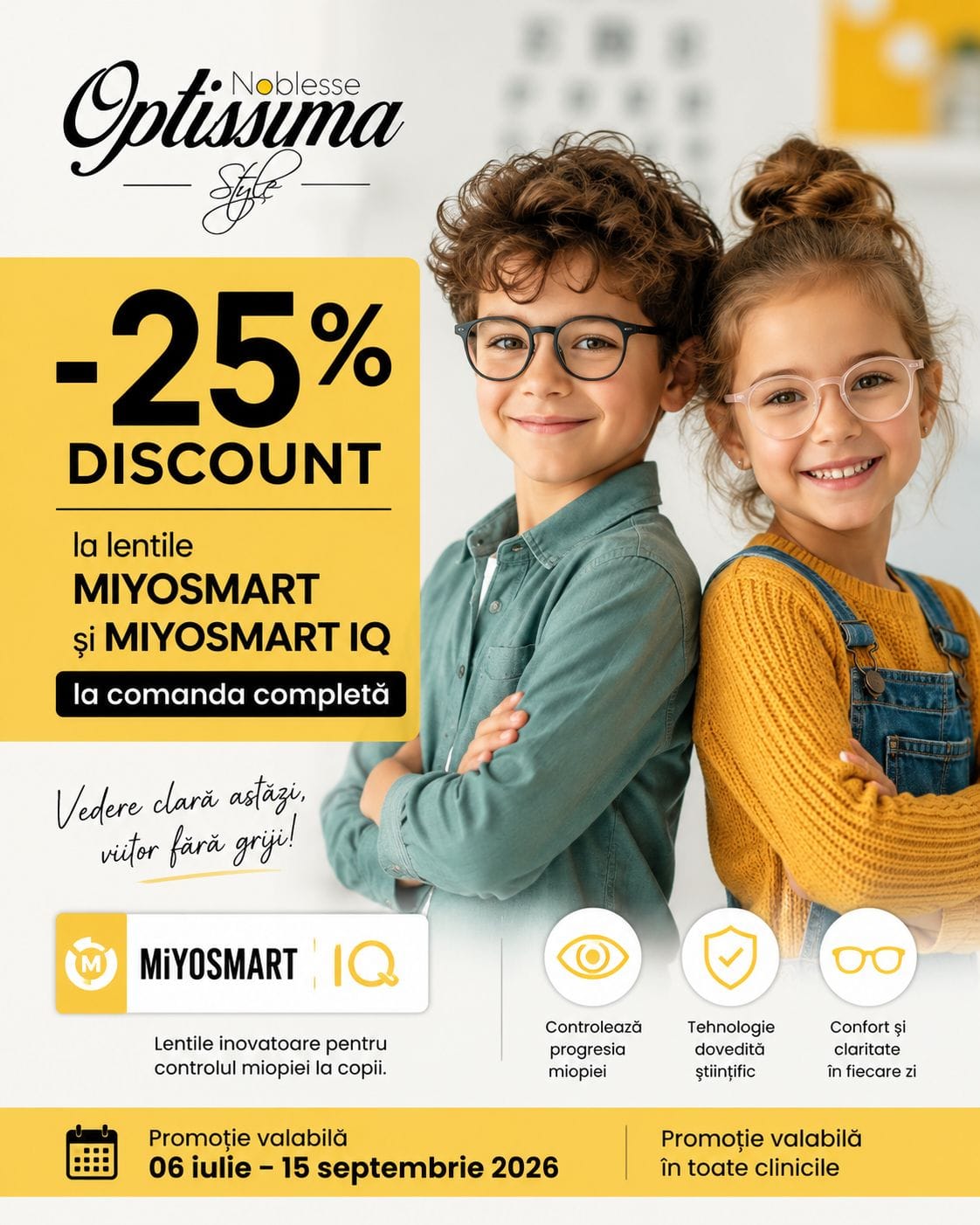 Optissima Noblesse Style - 25% discount la lentile MiYOSMART și MiYOSMART IQ pentru controlul miopiei la copii